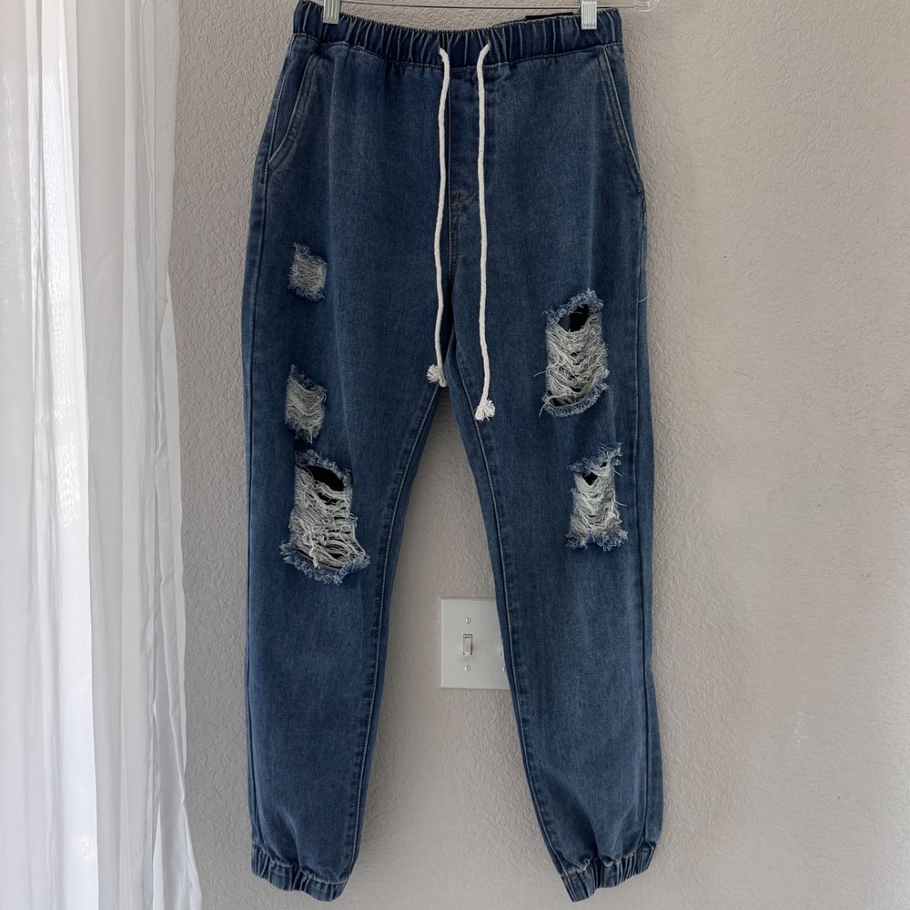 Fashion Nova Take The Lead Ripped Denim Joggers Medium Blue Distressed Size M